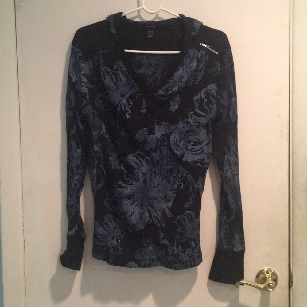 Blue Printed Hooded Top